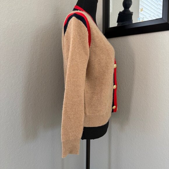 J Crew Cashmere Waffle Knit Cardigan Sweater Camel Tan Striped XS - Picture 5 of 14